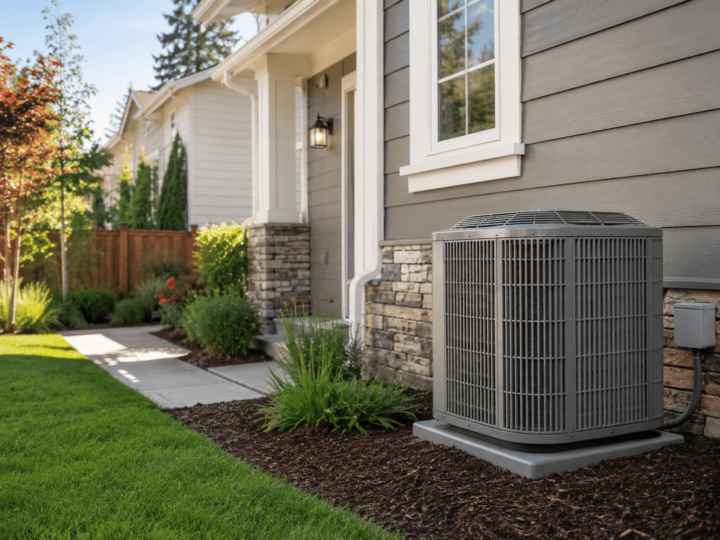 Residential outdoor HVAC unit beside a landscaped home