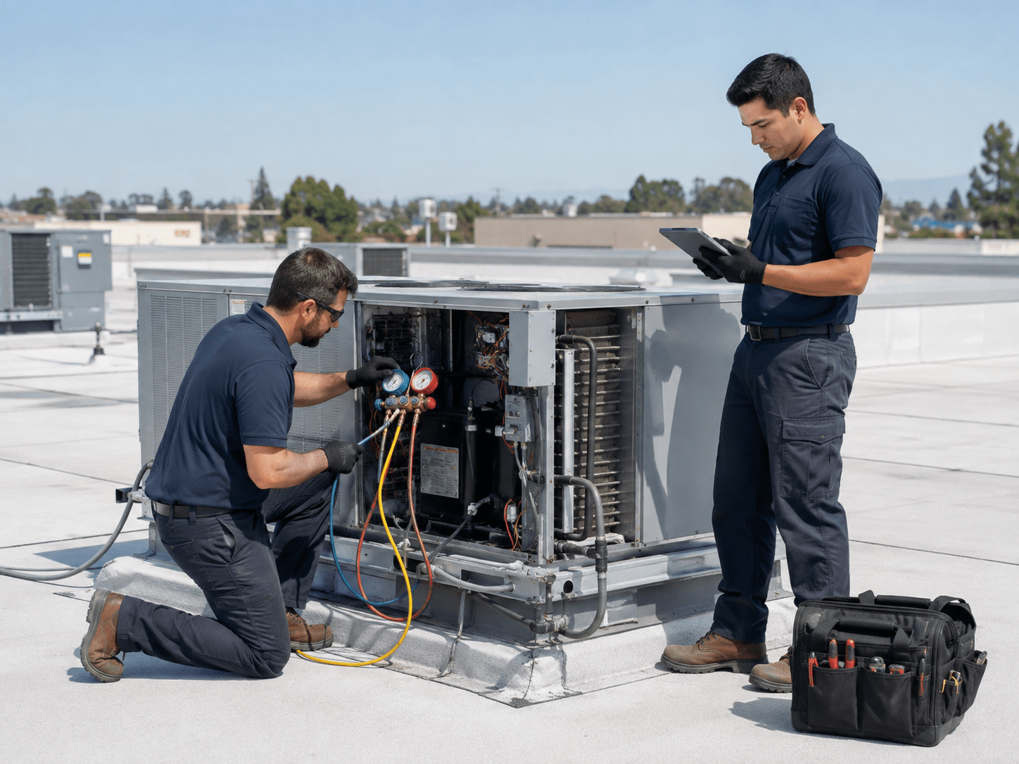 Two technicians servicing a commercial rooftop HVAC system