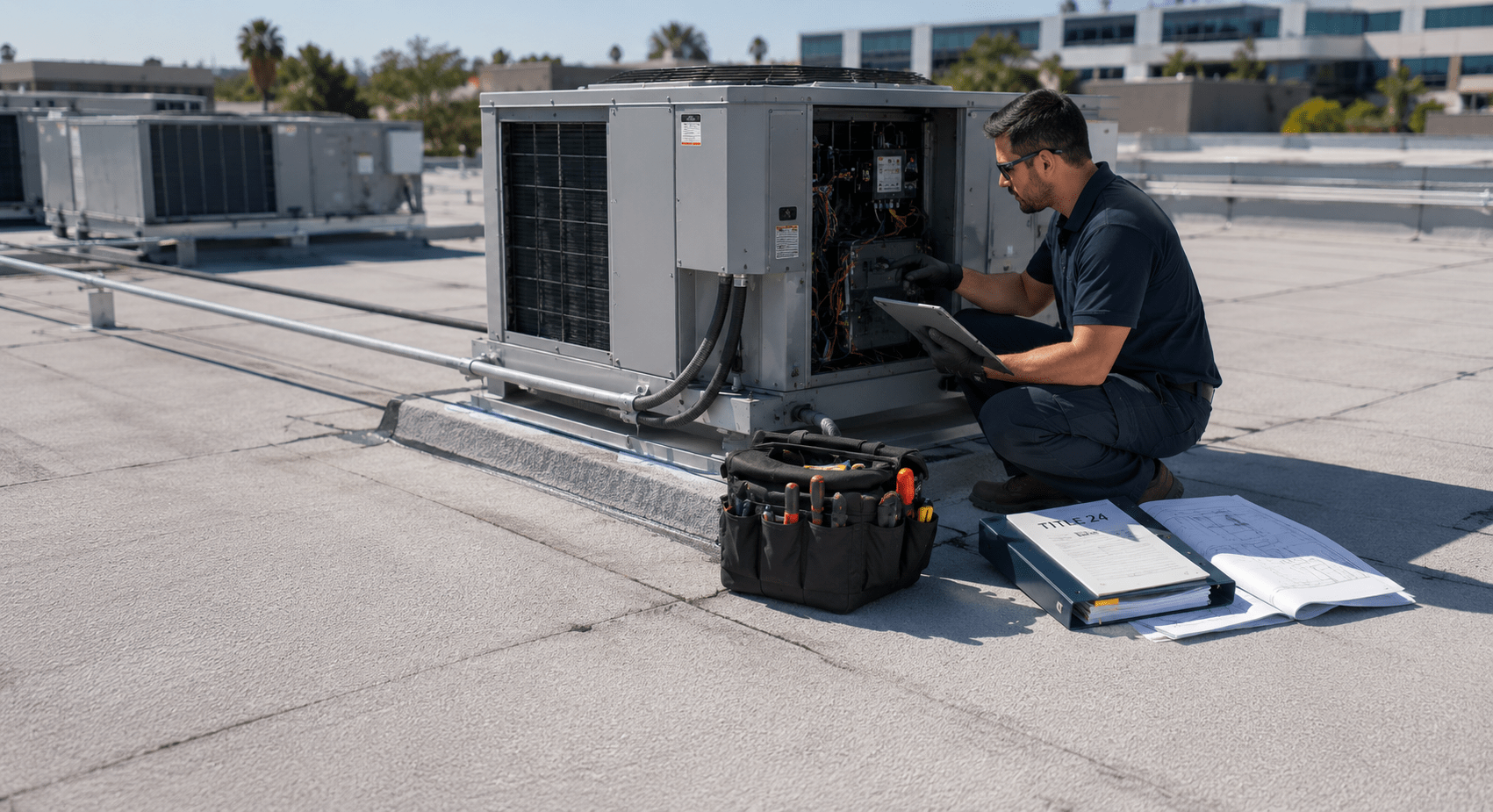 HVAC technician inspecting a commercial rooftop unit