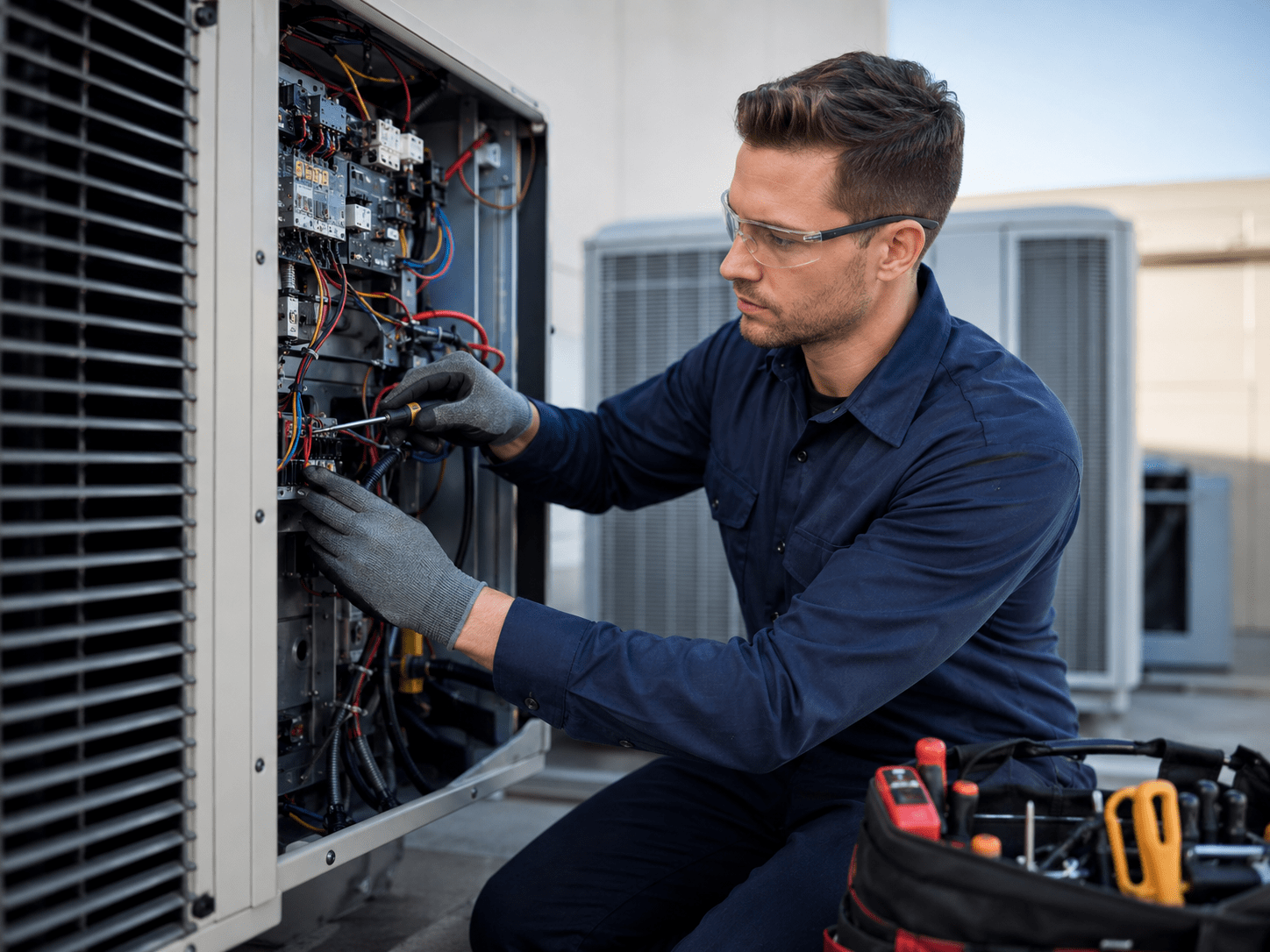 HVAC technician repairing an electrical panel