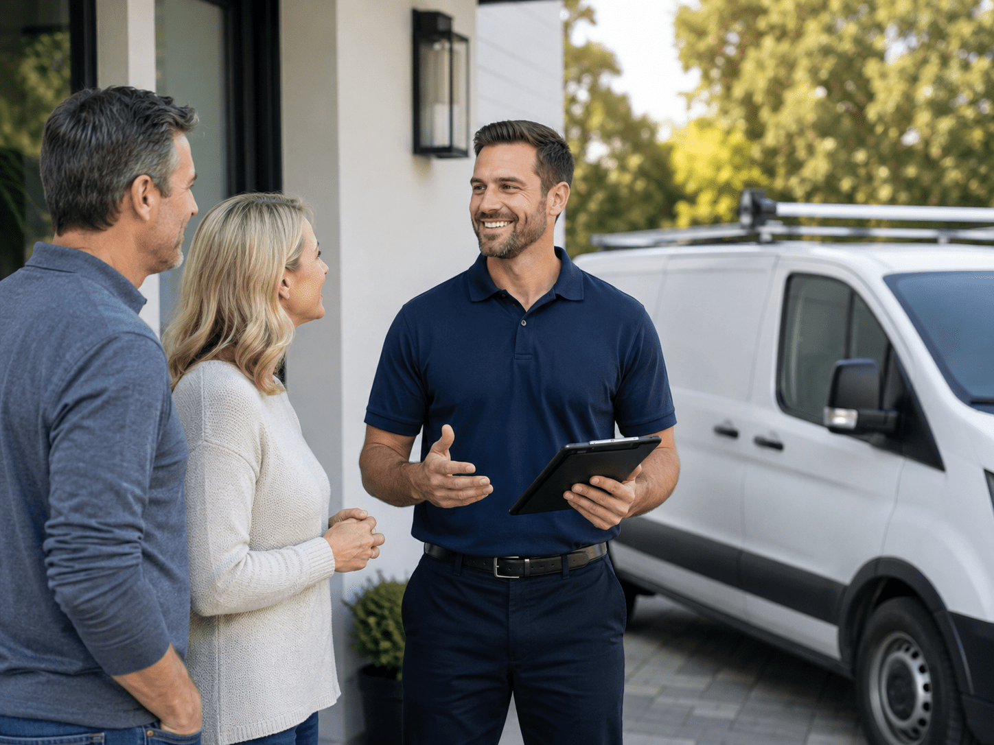 HVAC technician consulting homeowners beside a service van