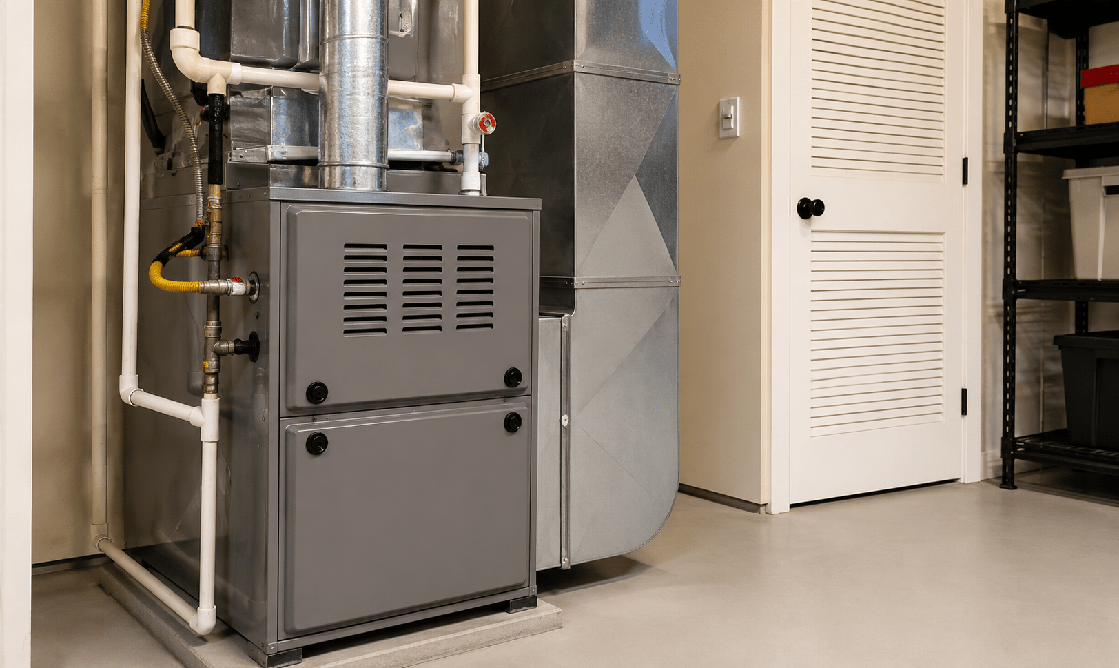 Indoor gas furnace and HVAC system in a clean utility room